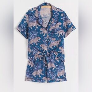Anthropologie print fresh Blue and Pink Leopard Print Pajama Set